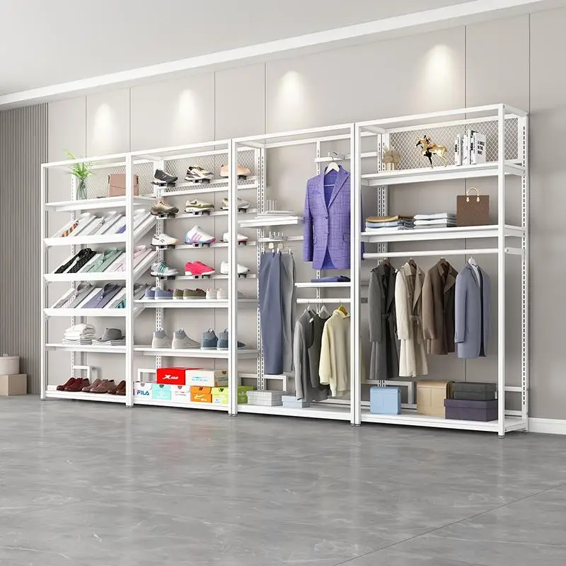 Personalizzato. Espositore per abbigliamento Appendiabiti a doppio strato Negozio di abbigliamento da donna per uomo Scaffale combinato per appendere vestiti in ferro dorato