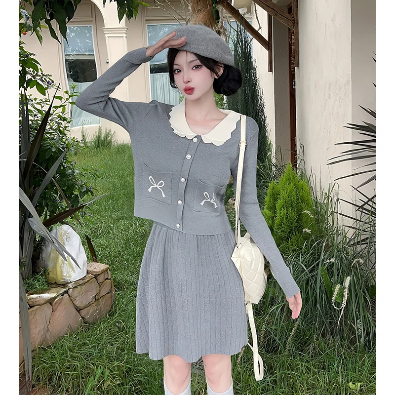 

Vintage Chic Knit Suits Women Sweet Peter Pan Collar Sweater Cardigan Tops + Mini Pleated Skirt New Streetwear Sets Preppy Style