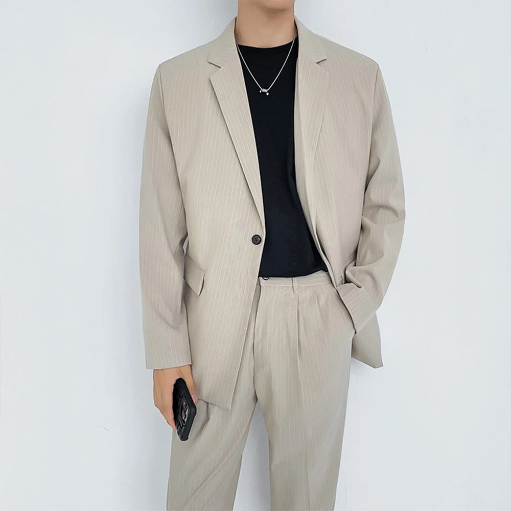 

2 Piece Set For Men Regular Fit Striped Long Sleeve Elegant 1-Button Mens 2 Piece Suit Casual Trip Office Wedding Outfit