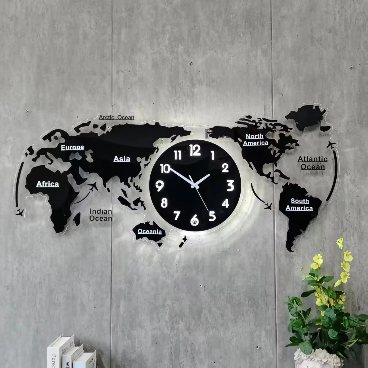 &c 78X36.5 S With LED Night Light Home Decor Art Design Silent Wall Clock Watch Can Add Your Country on World Map Dropshipping