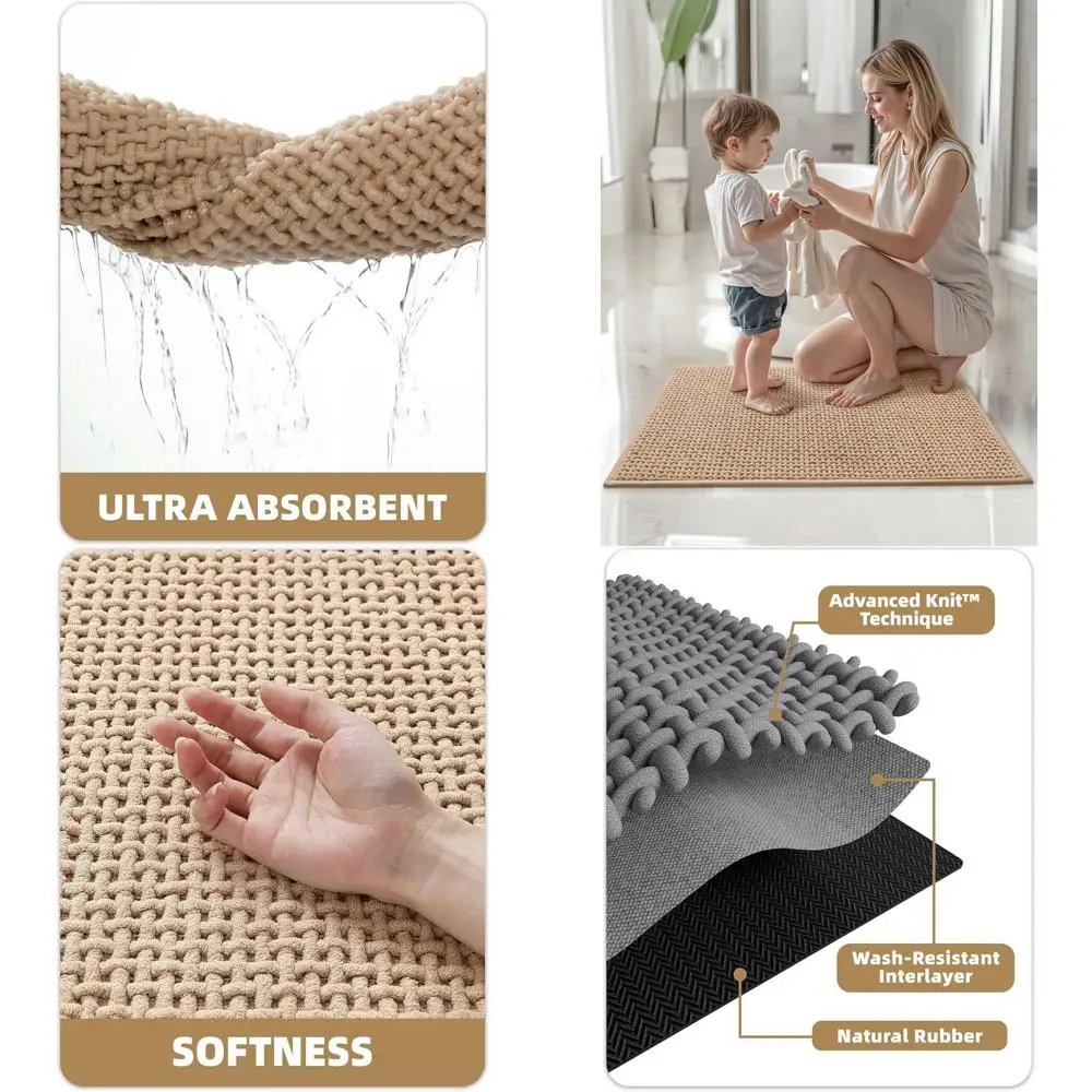 

Machine Washable Non-Slip Chenille Bath Rug, 24x36 Beige, Soft Absorbent for Bathroom, Tub & Shower