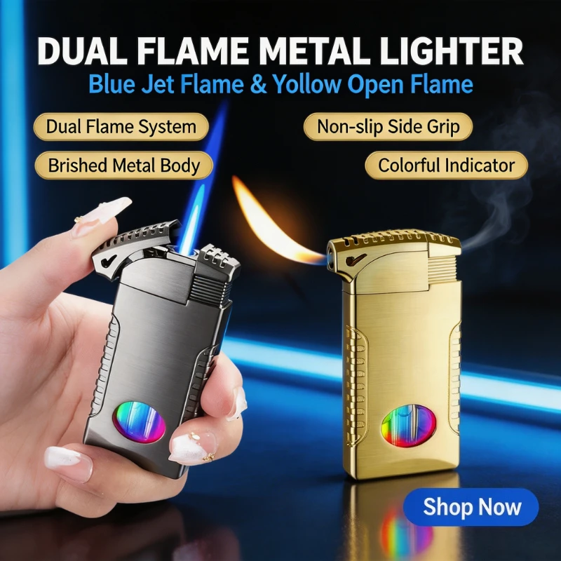 2026 Rechargeable Inflatable Lighter, Dual‑Flame Switchable Open‑Flame, Visible Gas Window, LED Light, Fashion Gift for Men