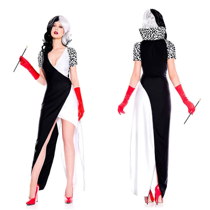 Cruella de Vil abito lungo nuovo arriva contrasto colore Clown Circus Horror Costume Halloween fantasmi Cosplay Fancy Dress Drop Ship