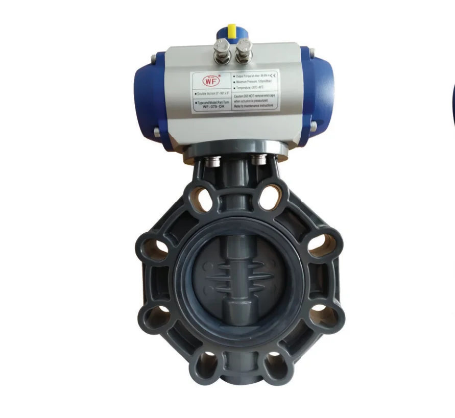 Válvulas de Mariposa con Actuador Neumático de PVC SCH80 UPVC/CPVC/PPH Industriales DIN/JIS/ANSI, con Revestimiento VITON/EDPM, para Petróleo