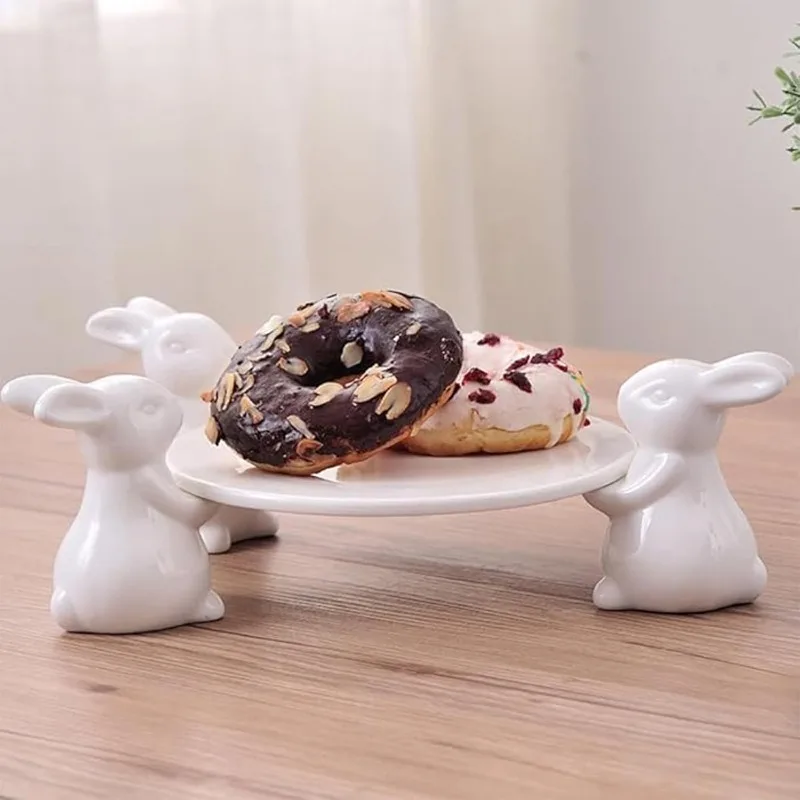 Pedestal Cake Stand White Ceramic Bunny Plate for Easter Cute Rabbit Dessert Stand Plate for Eggs Cupcakes Cookies Fruit Decor