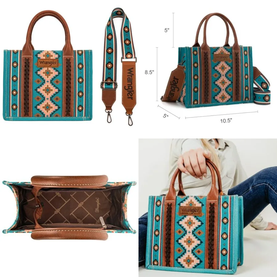 Bolso de Mano Montana West Wrangler, Estilo Occidental Azteca, para Mujer, Bolso Tipo Tote Boho con Asa Superior y Correa Desmontable, Bolso de Lona