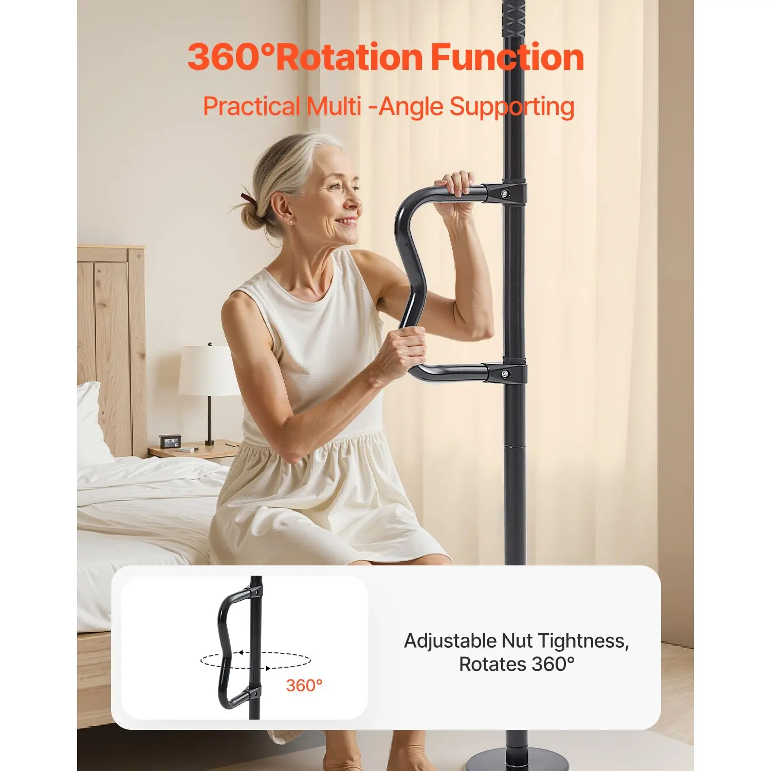 Floor-to-Ceiling Transfer Pole, Tension Mounted Bathroom Grab Bar with Anti-Slip Curve Handle, 300 Lbs Capacity Security for