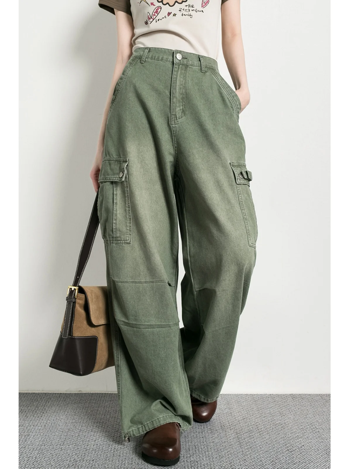 

Trendy High Waist Workwear Denim Pants Women's Green Elastic Waist Cargo Jeans Long Trousers Spring Autumn Seasonal Fashion