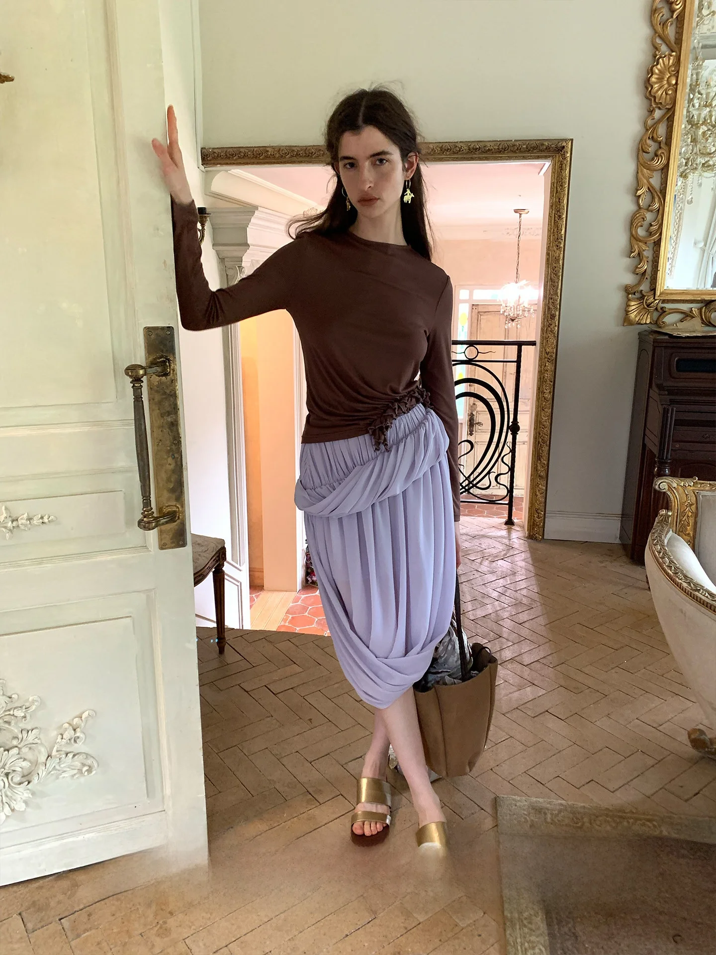 

Spoii Brown Contrast Color Line Wood ain Rotation Design Slim Fit Base irt Casual Sle Long Sve Knitte...