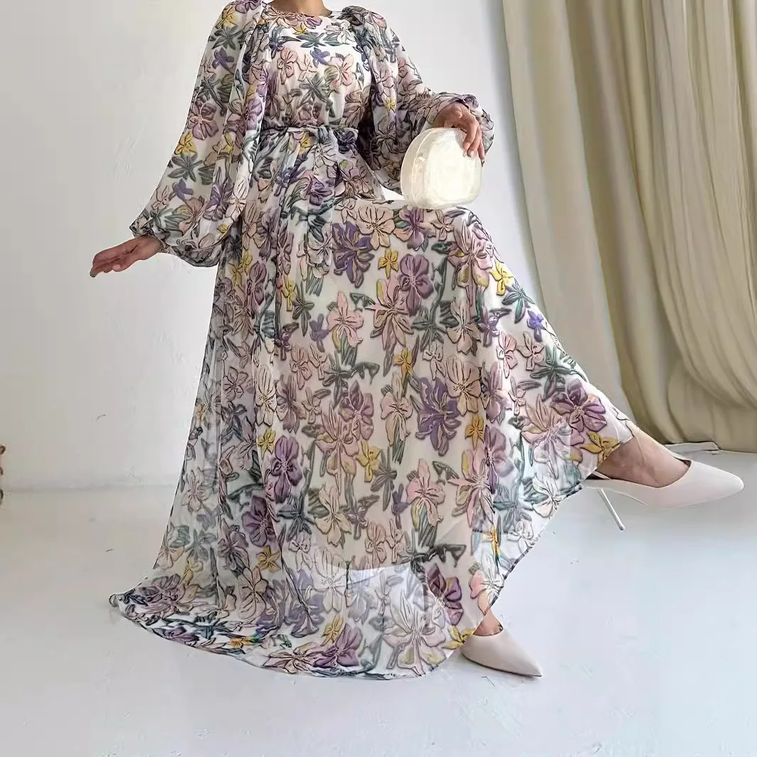 Elegancka dopasowana sukienka Abayas dla kobiet Letnia szyfonowa sukienka z długim rękawem z nadrukiem w kwiaty O- Szyja Dubaj Abayas Odzież damska