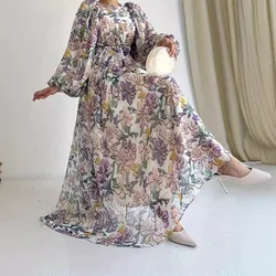 Elegancka dopasowana sukienka Abayas dla kobiet Letnia szyfonowa sukienka z długim rękawem z nadrukiem w kwiaty O- Szyja Dubaj Abayas Odzież damska z wysoką talią