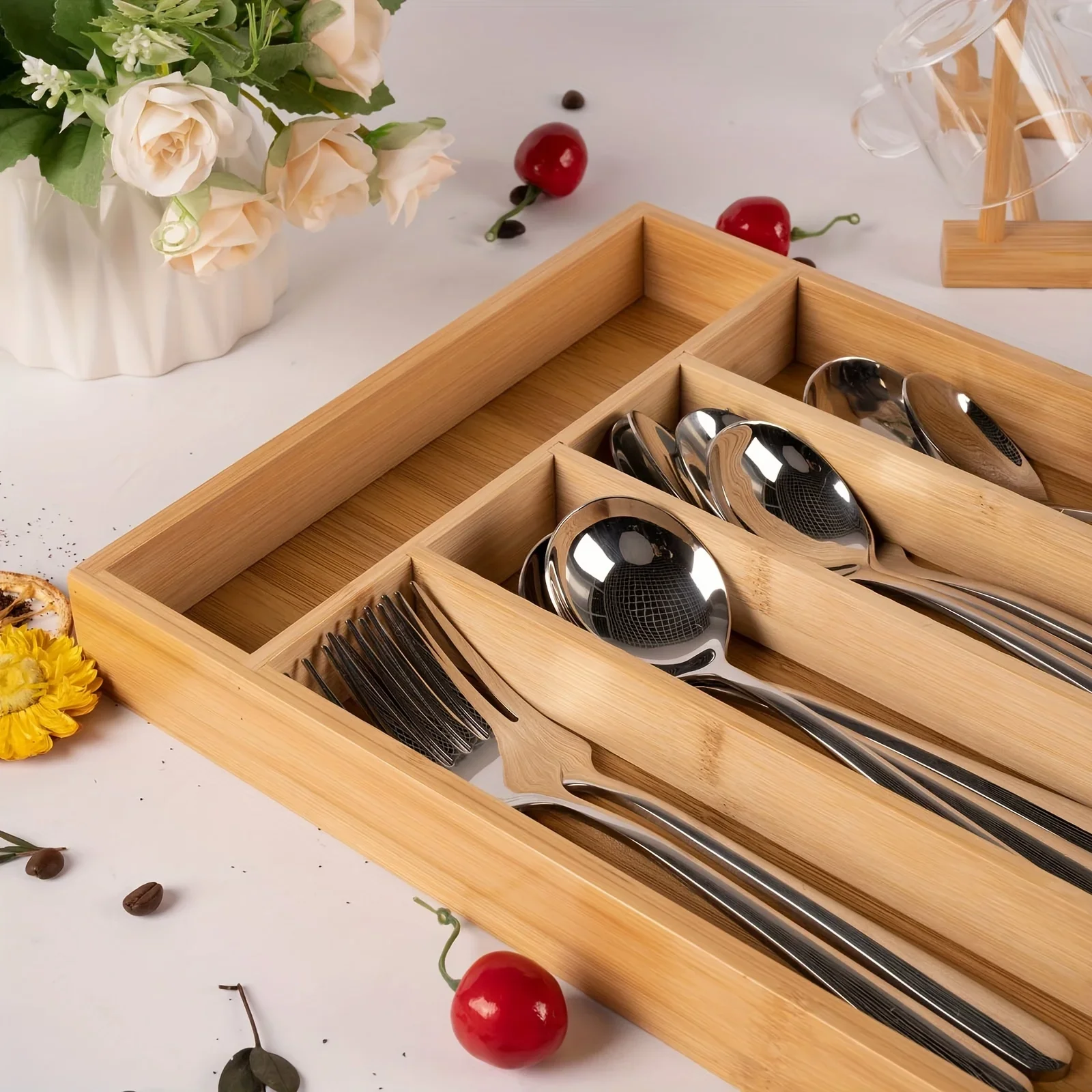 Bamboo  Tray - Effortlessly Organize Flatware, Silverware & More - Versatile Drawer Divider for Kitchen, Bedroom, Office & Dorm