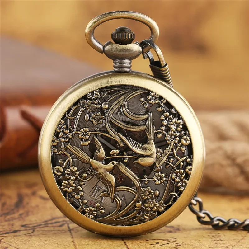 

Steampunk Hollow Out Magpie Pocket Watch Unisex Skeleton Automatic Mechanical Watches Luminous Hands Fob Chain Pendant Clock