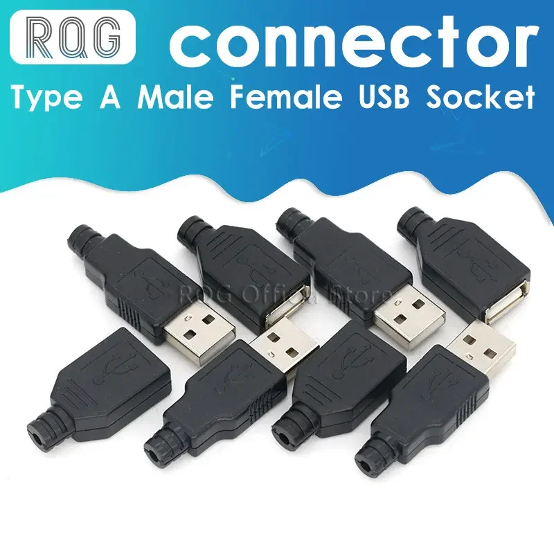 10pcs Type A Male Female USB 4 Pin Plug Socket Connector With Black Plastic Cover Type-A DIY Kits