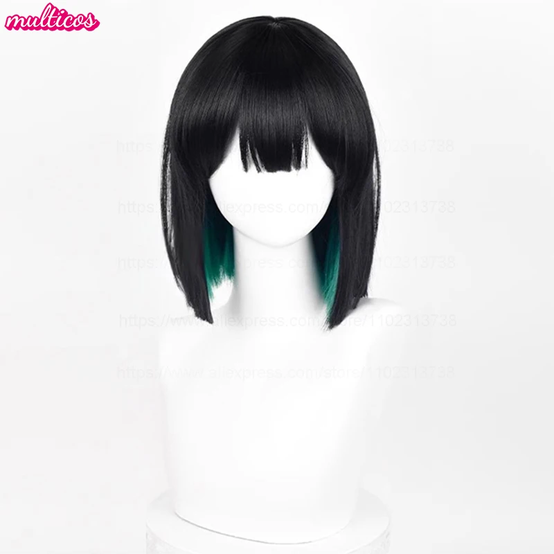 High Quality Anime Sua Cosplay Wig 30cm Black Green Mixed Bobo Heat Resistant Synthetic Hair Halloween Role Play Wigs + Wig Cap image 2