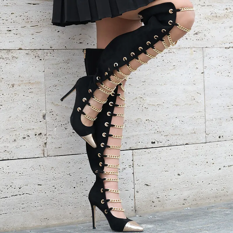 Onlymaker  Women Metal Chain Pointed Toe Over The Knee High Boots Out Cut Suede Thigh High Hollow Out Stiletto Black Boots