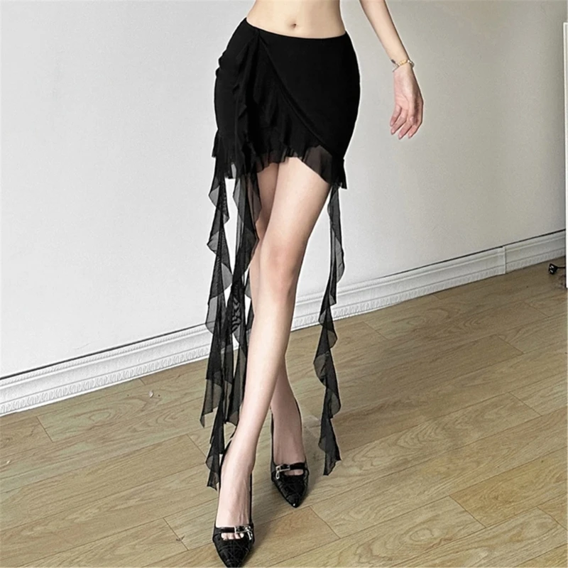 Women High Waist Package Hip Short Skirt Ruffle Trim Asymmetrical Fringed Skirts