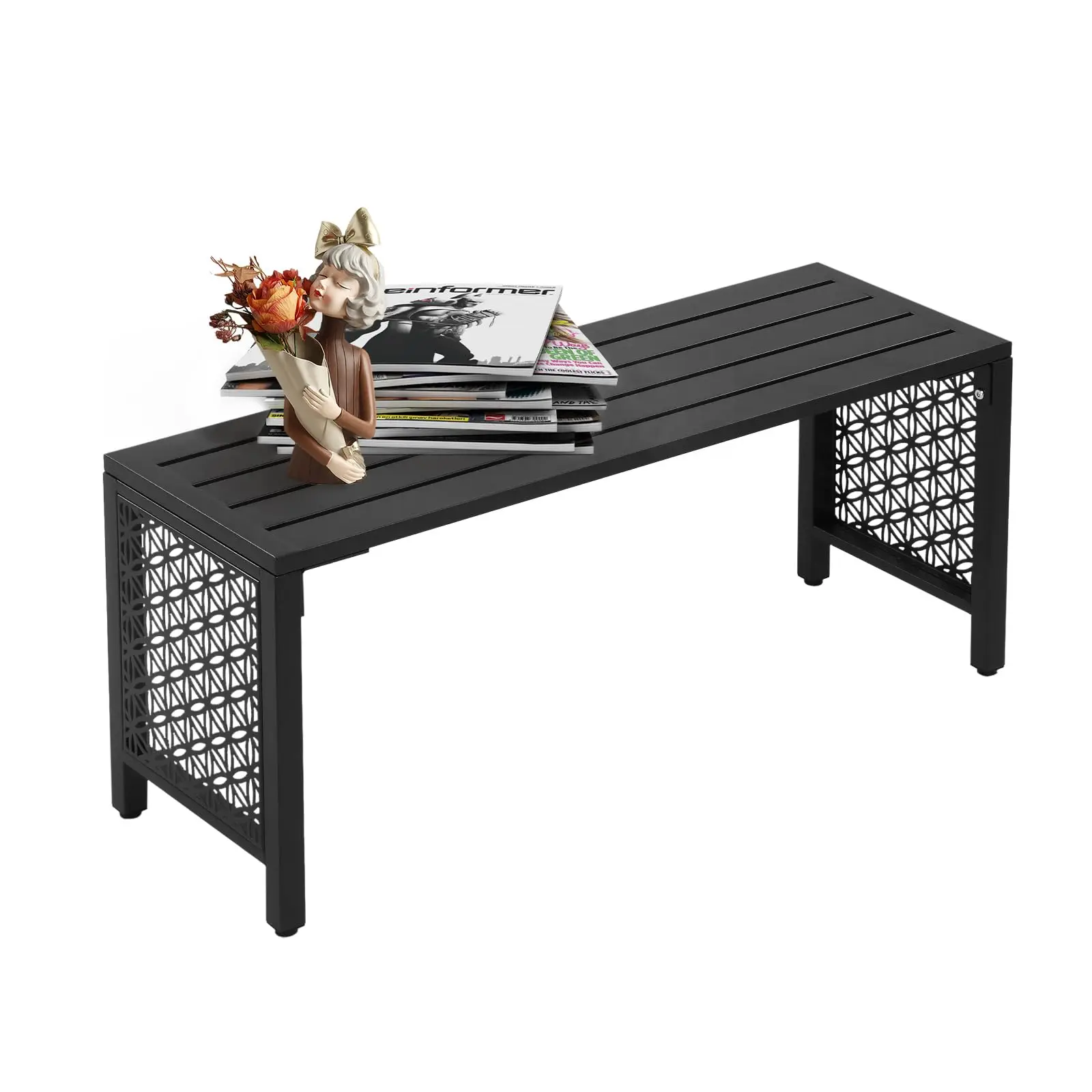 40in Outdoor Metal Bench, All-Weathe Backless Patio Bench with Slatted Seat＆Floral Side Panels, Rust-Resistant Garden