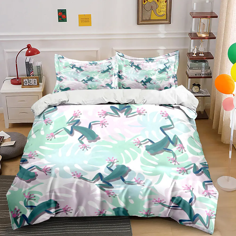 Frogs and Tropical Leaves Pattern Bedding Set for Kids Luxury Gift 3pcs Digital Print Comforter Set Soft Comfortable Breathable