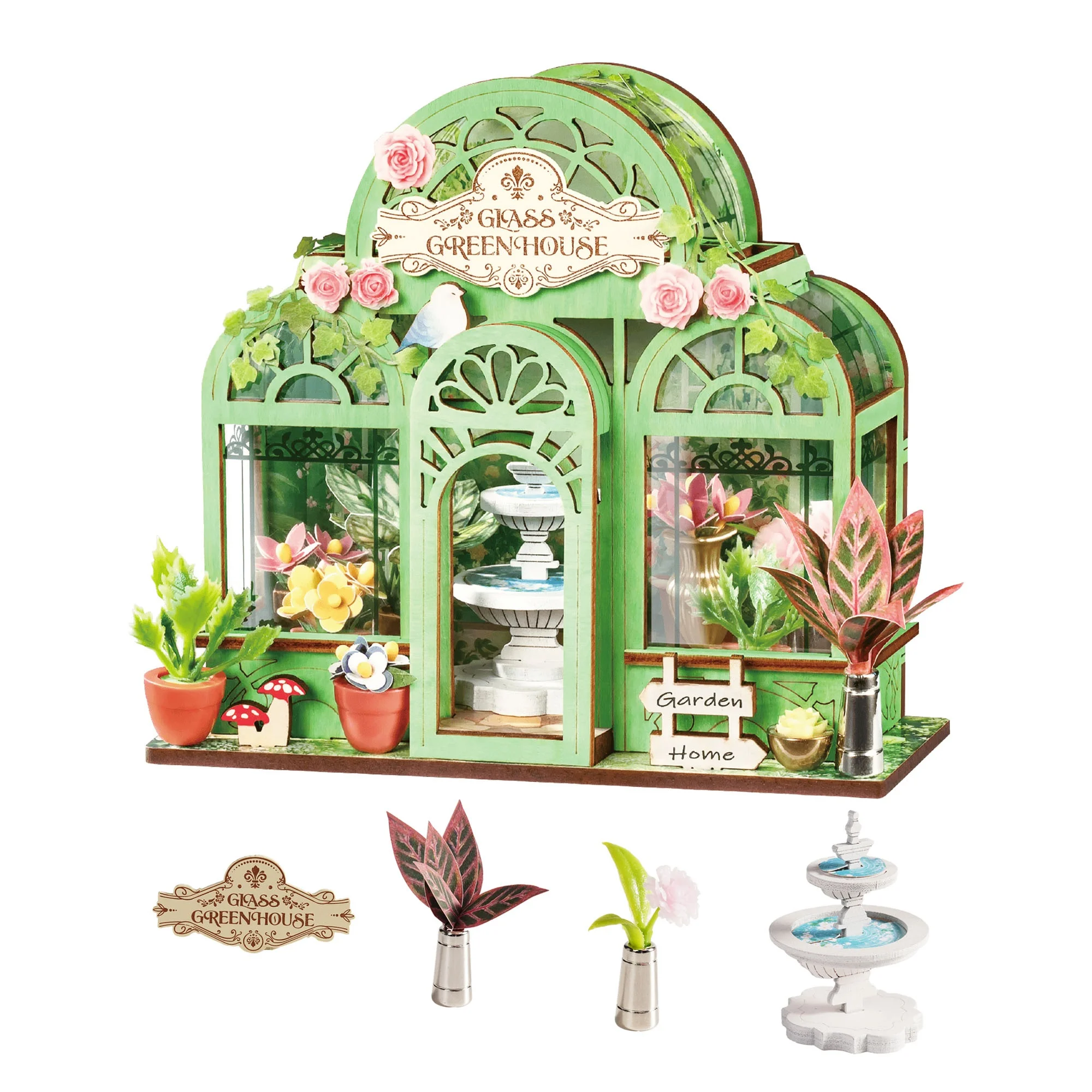 

Rolife DIY Miniature House Kit Green Fountain Garden Mini Dollhouse Model Building Kit Wooden 3D Puzzle Toys with LED Light for Home Decor Gifts for Adults Kids