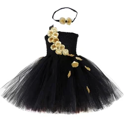 Black Gold Flower Petals Tutu Dress Tulle Girls Evening Pageant Wedding Dress Children Gown for Girls Kids Birthday Party Dress