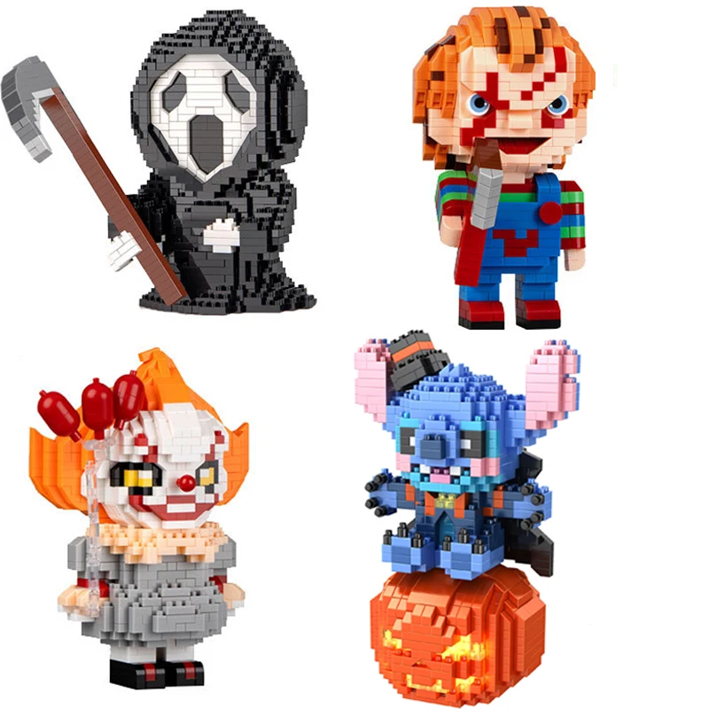 재미있는 할로윈 스티치 블록 조커 미니 피규어 호박 유령 키티 더피 코스 데스 조립 장난감 홈 장식용