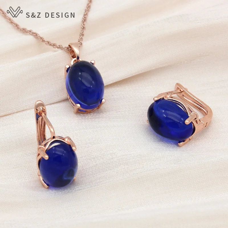 S&Z DESIGN New Fashion Egg Shape Oval Dangle Earrings Jewelry Sets For Women Wedding 585 Rose Gold Color Pendant Necklace