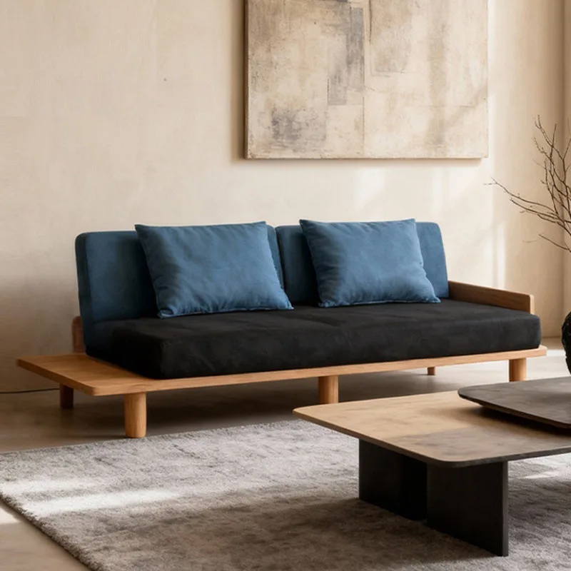 Minimal light luxury solid wood fabric, large and small apartment living room, wabi-sabi wind straight row sofa