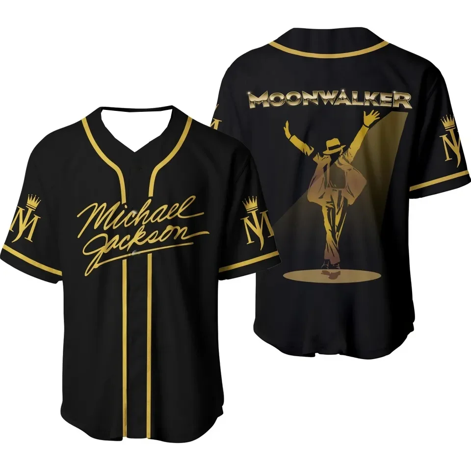 Michael Jackson Moonwalker Black Gold Baseball Jersey King of Pop V-Neck Short Sleeve Streetwear Sport Shirt  Men Women Fans