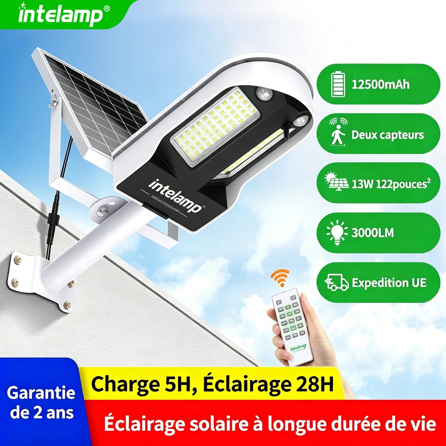 Intelamp Lampes solaires de sécurité 12500mAh pour extérieur Dual 180° Lampes solaires à détecteur de mouvement, étanches, pour l'extérieur, jardin, cour, garage lampadaire solaire extérieur lampe solaire extérieur