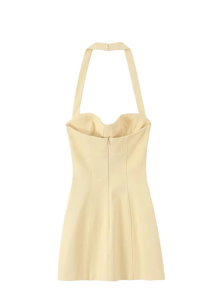 HH Abito da donna nuovo elegante senza maniche con colletto appeso al collo Abito estivo femminile sottile con cerniera posteriore Mini abito solido senza schienale