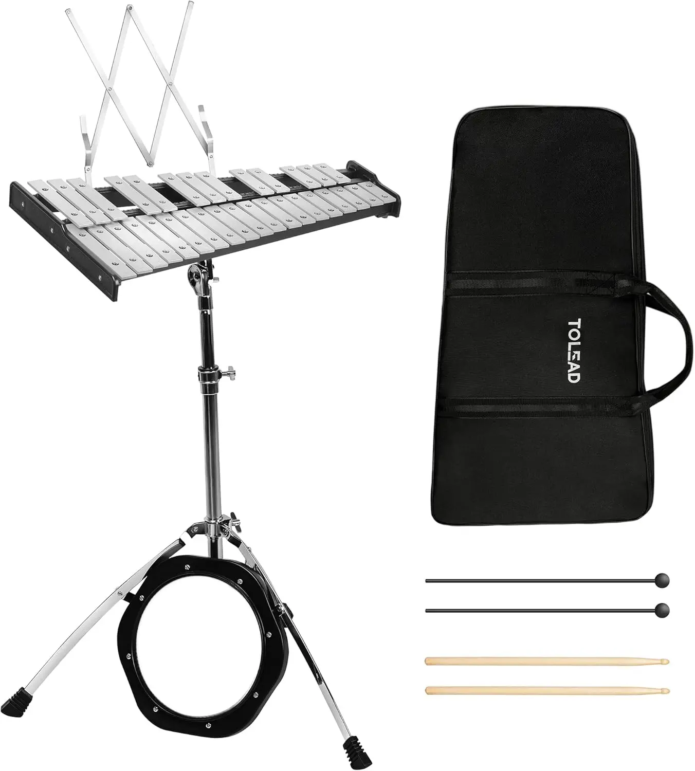 32 Glockenspiel Kit Xylophone Bell Percussion Instruments with Adjustable Height Stand, Practice Pad Mallets & Wooden Drumsticks