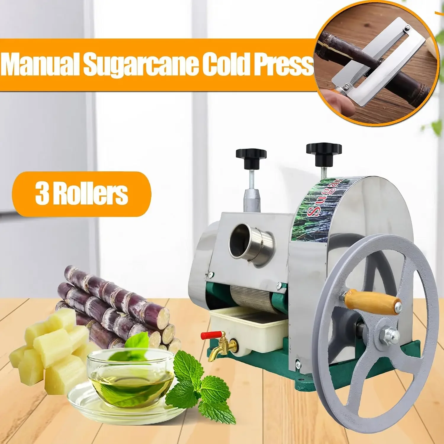 Manual Sugar Cane Juice Machine, Stainless Steel Sugarcane Press Juicer, Commercial Ginger Press Extractor with Handwheel & 2 Pe