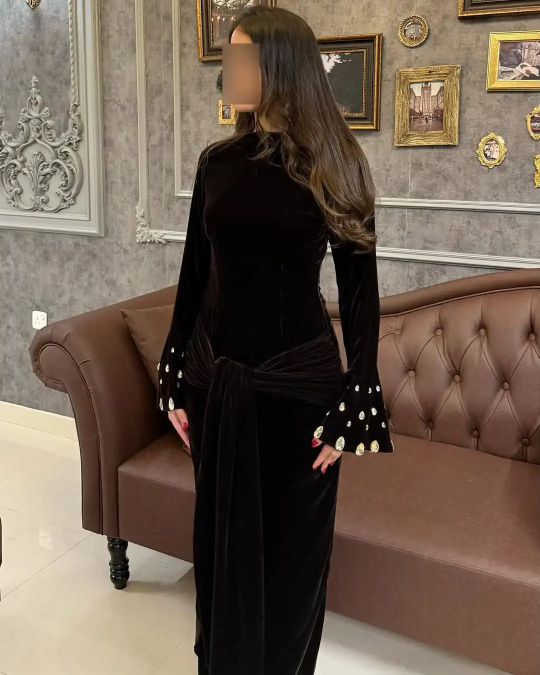 

Customized Mermaid Long Sleeves Evening Dresses Pleated Beadings Prom Dresses Floor Length Vestidos De Noches