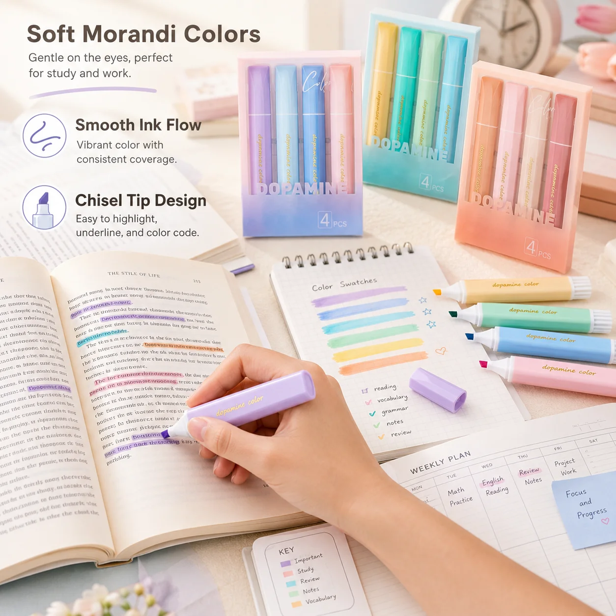 Dopamine Fluorescent Markers, Morandi Color System Highlighters, Large Capacity Student Drawing Journal Pens