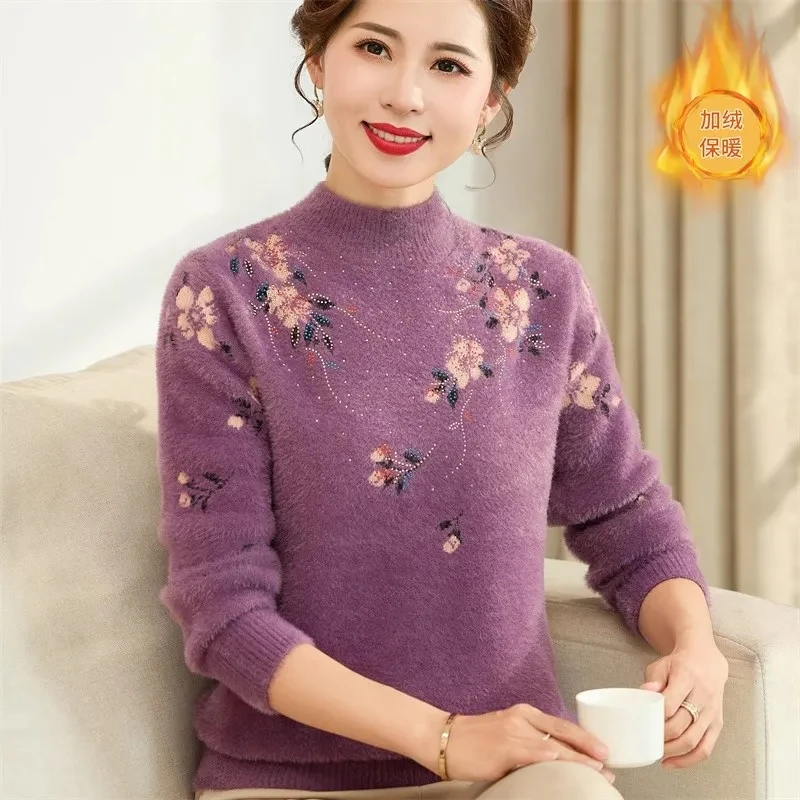 

Mother's Autumn And Winter Thicken Imitation Mink Fleece Embroidered Sweater Fashion Pullover Diamonds inlay Knitted Lady Warm