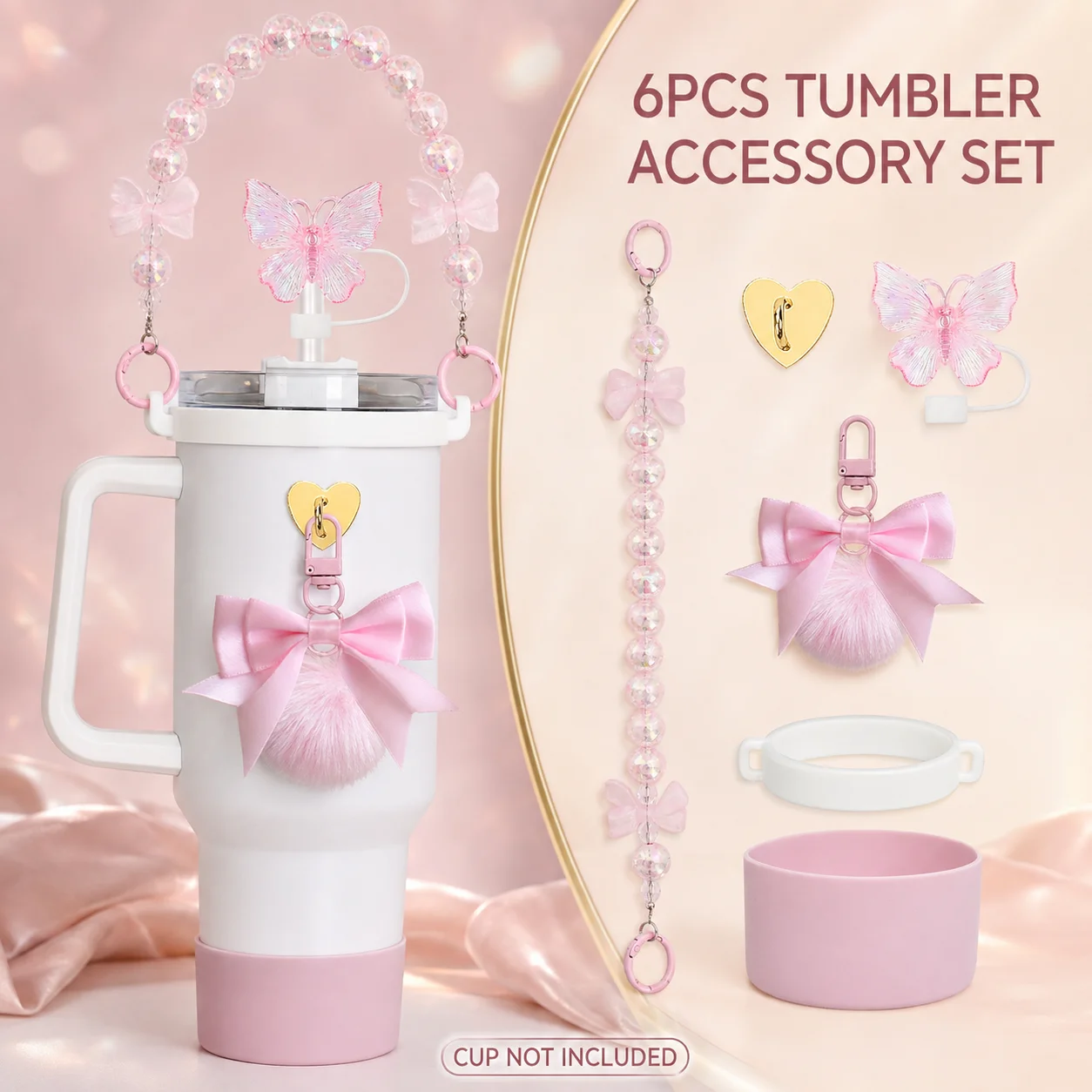 6pcs Tumbler Accessories for Stanley 40oz Including Butterfly Straw Cover, Plush Charm, Silicone Boot, Beaded Handle for Cup