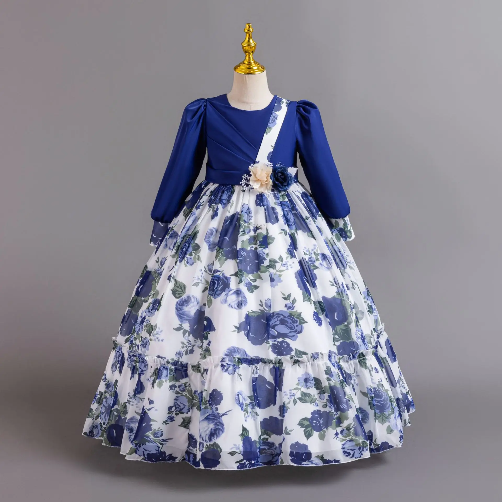 Robe de soirée en mousseline de soie pour petites filles, imprimé floral, pour mariage, fête d'anniversaire, reconstitution historique, AC135