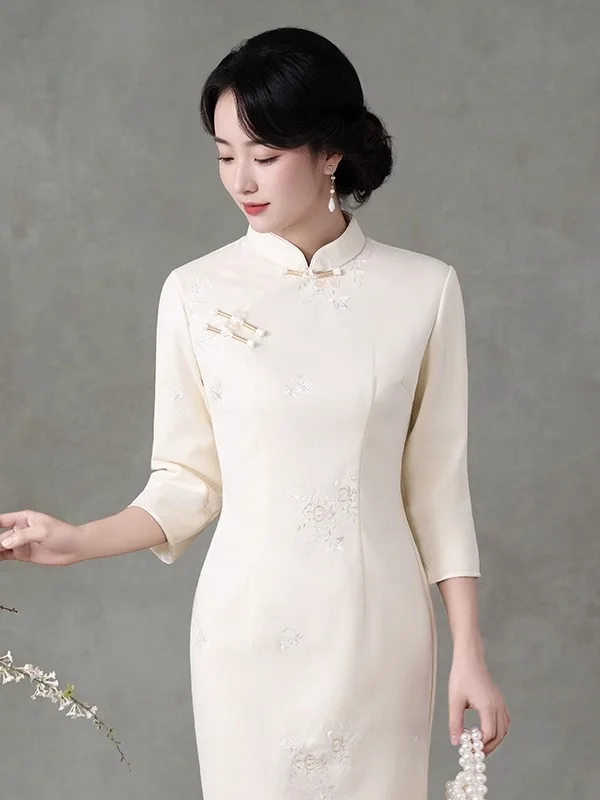 

Stunning New Chinese Sle Mid-Length Qipao Dr Reversible Vintage Mom Improved Dr anghai Evening Gown