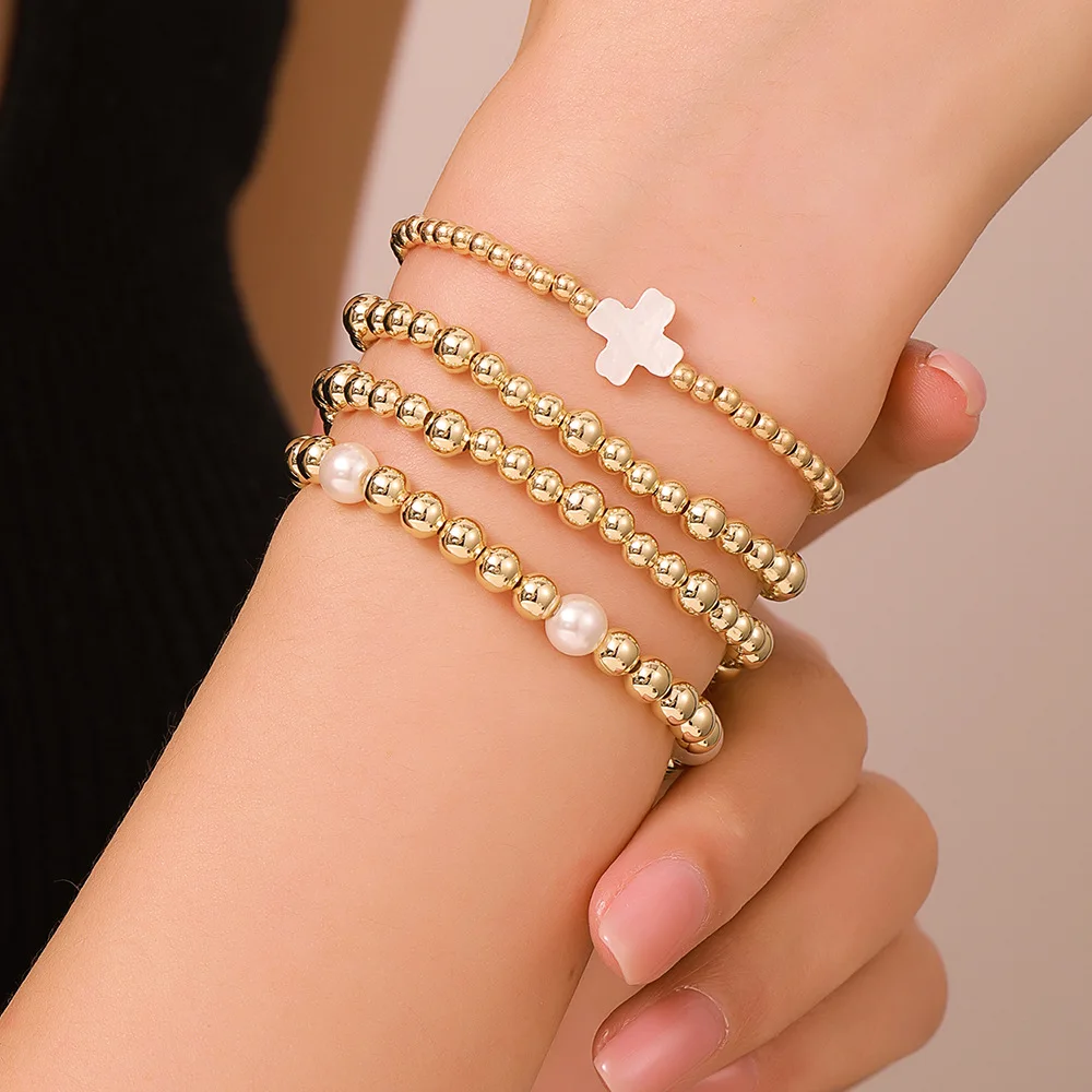 Meetvii Boho Handmade Beaded Bracelets Set for Women CCB Pearl Elastic Beads Shell Cross Bangle Couple Fashion Jewelry