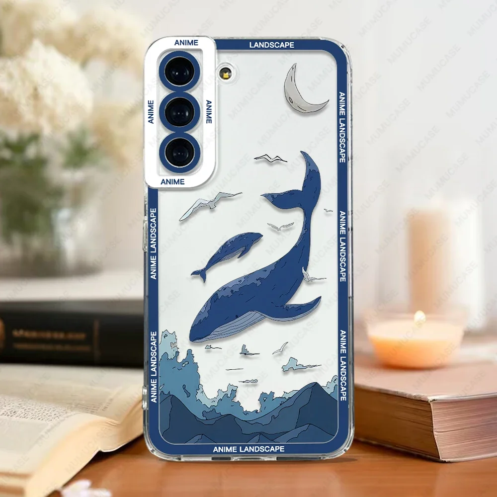 Case For Samsung Galaxy S24 S20 S21 FE S22 Plus S23 Ultra A22 A54 5G Soft Cover Anime Landscape Cloud Whale