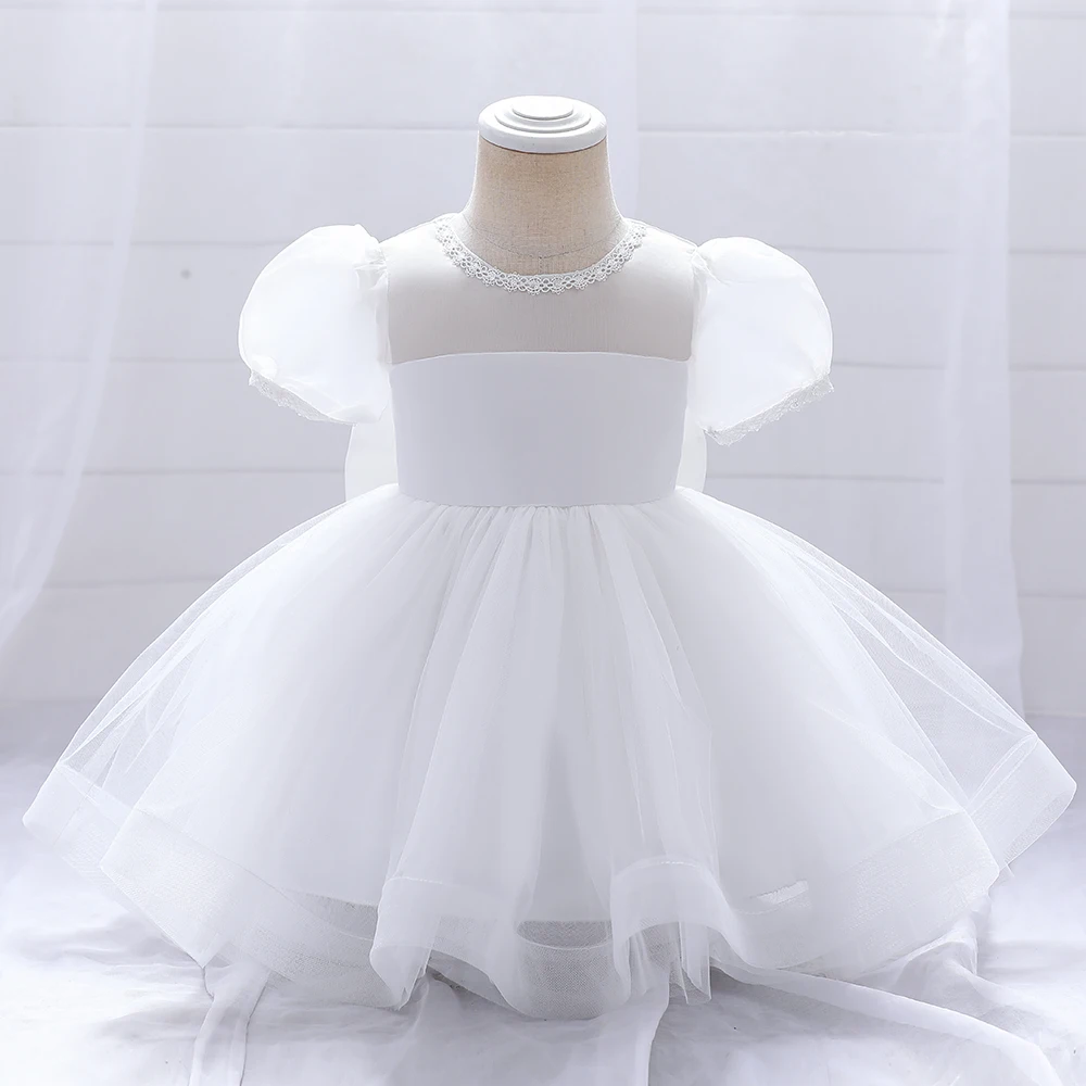 Toddler White Wedding Party Baby Dress for Girl Baptism Bow 1st Birthday Wedding Princess Dress Kids Bridemaid Prom Gown Costume