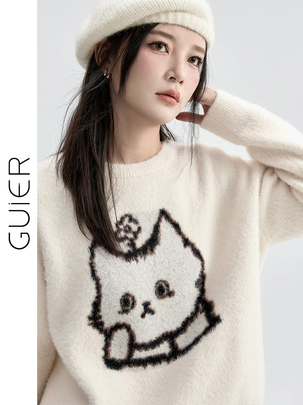 

Повседневный вязаный свитер с круглым вырезом для женщин, осенне-зимняя новинка, модный молодежный топ с принтом и длинными рукавами