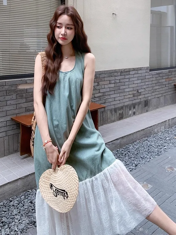 Ele Agel Lace Splice Denim Vest Dr Dames Zomer Casual Svel Midi Rok Faion Losse Taille Medium Thi