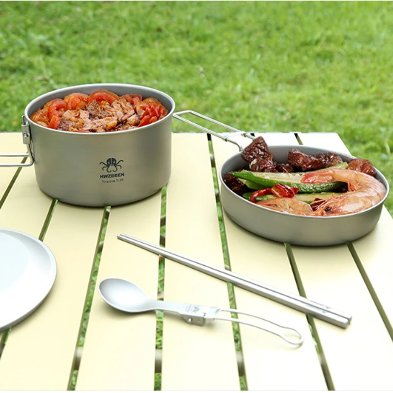 Outdoor Pure Titanium Folding Set Two Piece Pot and Dish Set Camping Portable Travel Tableware Picnic Cooking Accessories New