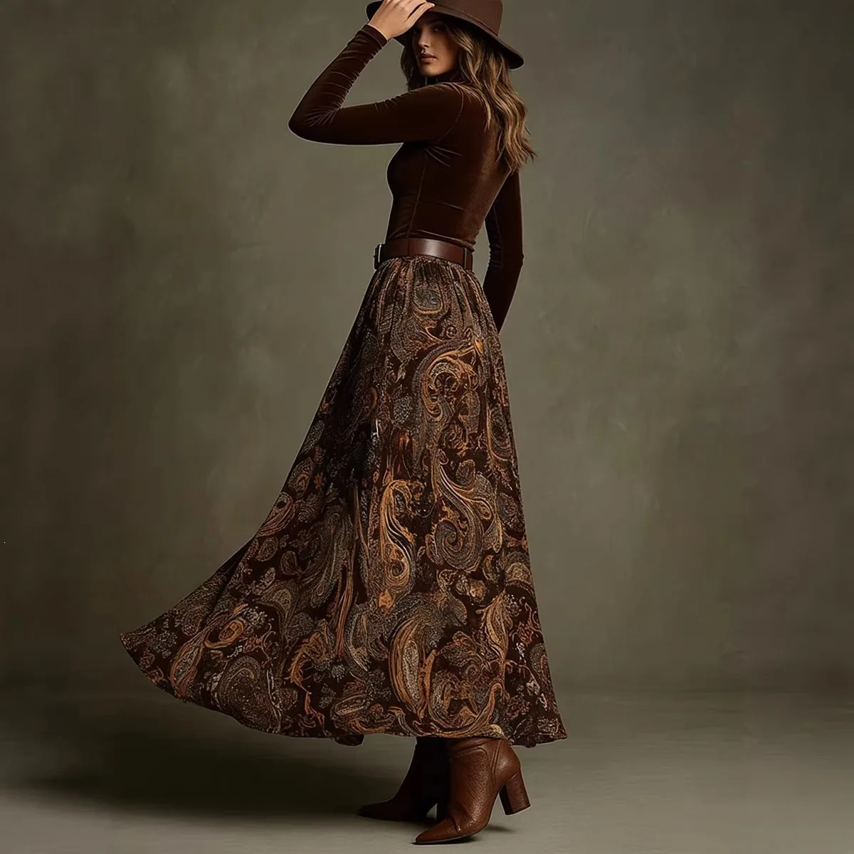 2026 Run! And Autumn. New Collection: Slim-fit Top And Elegant Printed Maxi Skirt Set With Belt Wedding Dress Y2k、 Robe Vestidos