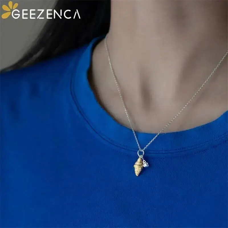 GEEZENCA 925 Silver Two Tone 3D Croissant Cup Pendant For Women Cute Unique Design Necklace Pendants Without Chain 2024 New Gift