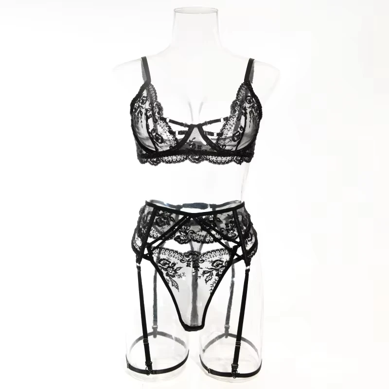 Bikini lingerie sexy see-through seductive embroidered bra garter belt four-piece set