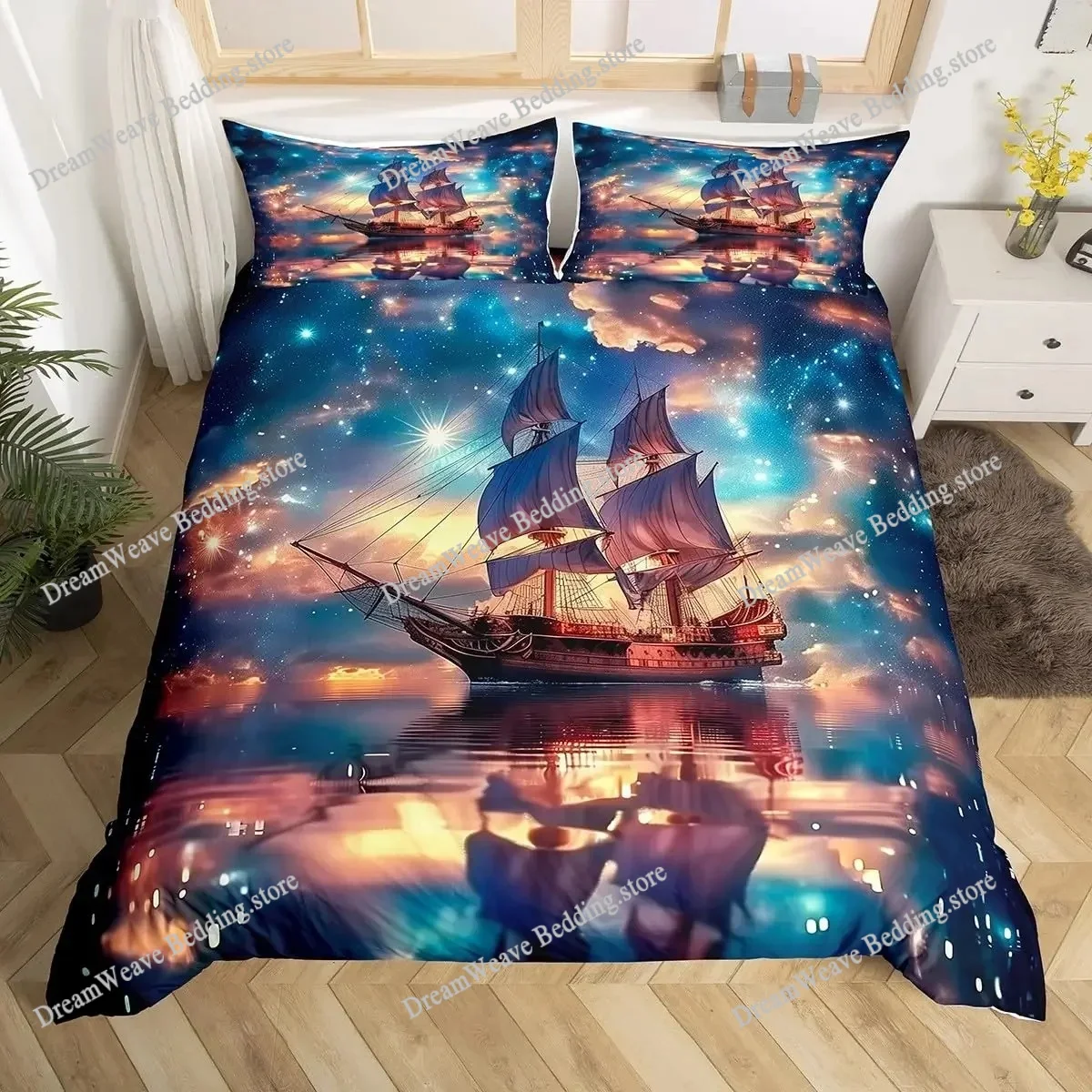 

SailBoat Sea Bedding Set Ocean Sunset Scenery Duvet Cover Pillowcases Twin Full Queen King Size for Boys Adult Gift Bed Linen