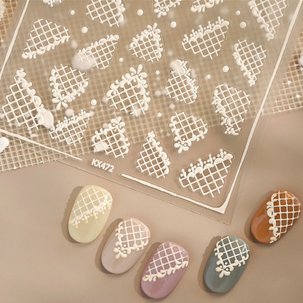 

White French Vintage Flora Lace Plaid 5D Soft Embossed Reliefs Self Adhesive Nail Art Sticker Retro 3D Manicure Decals Wholesale